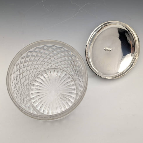 1869 British antique cut glass biscuit barrel silver plate lid